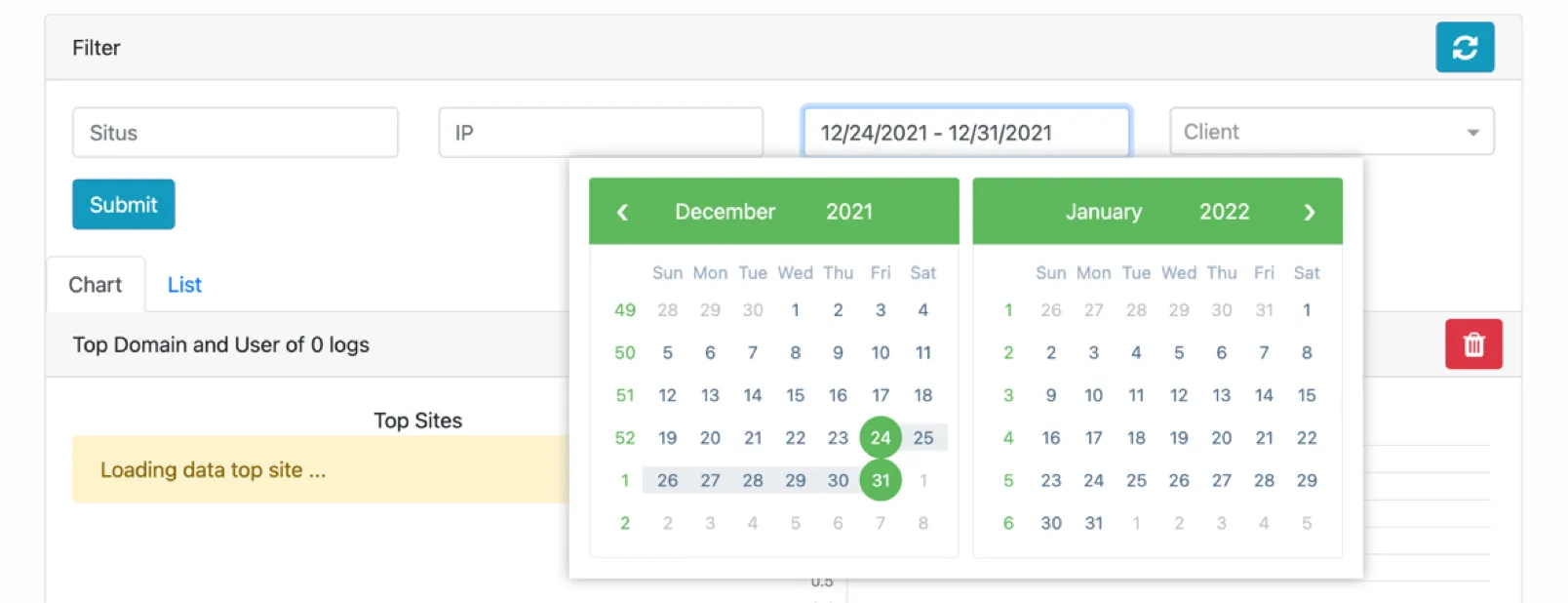 Example dashboard filters for site, IP, date range, and client, with a date picker open.