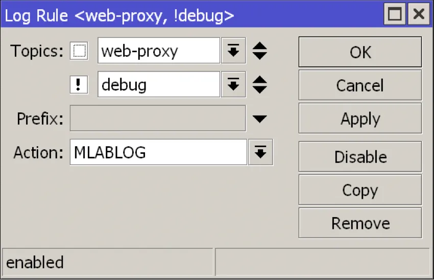 Winbox rule with topics web-proxy and negated debug, linked to a remote logging action.