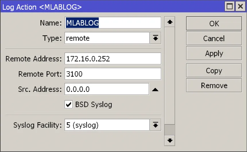 Winbox remote logging action with remote port 3100 and BSD Syslog checked.