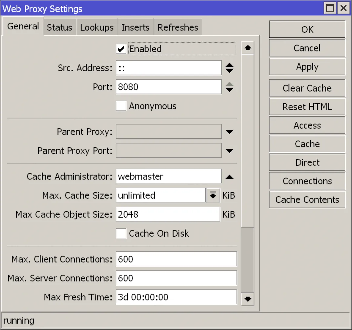 Web Proxy settings with Enabled checked and port set to 8080.